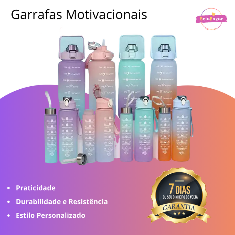Kit de Garrafas Motivacionais - Conjunto de 3 Unidades (2L, 900ml, 300ml)